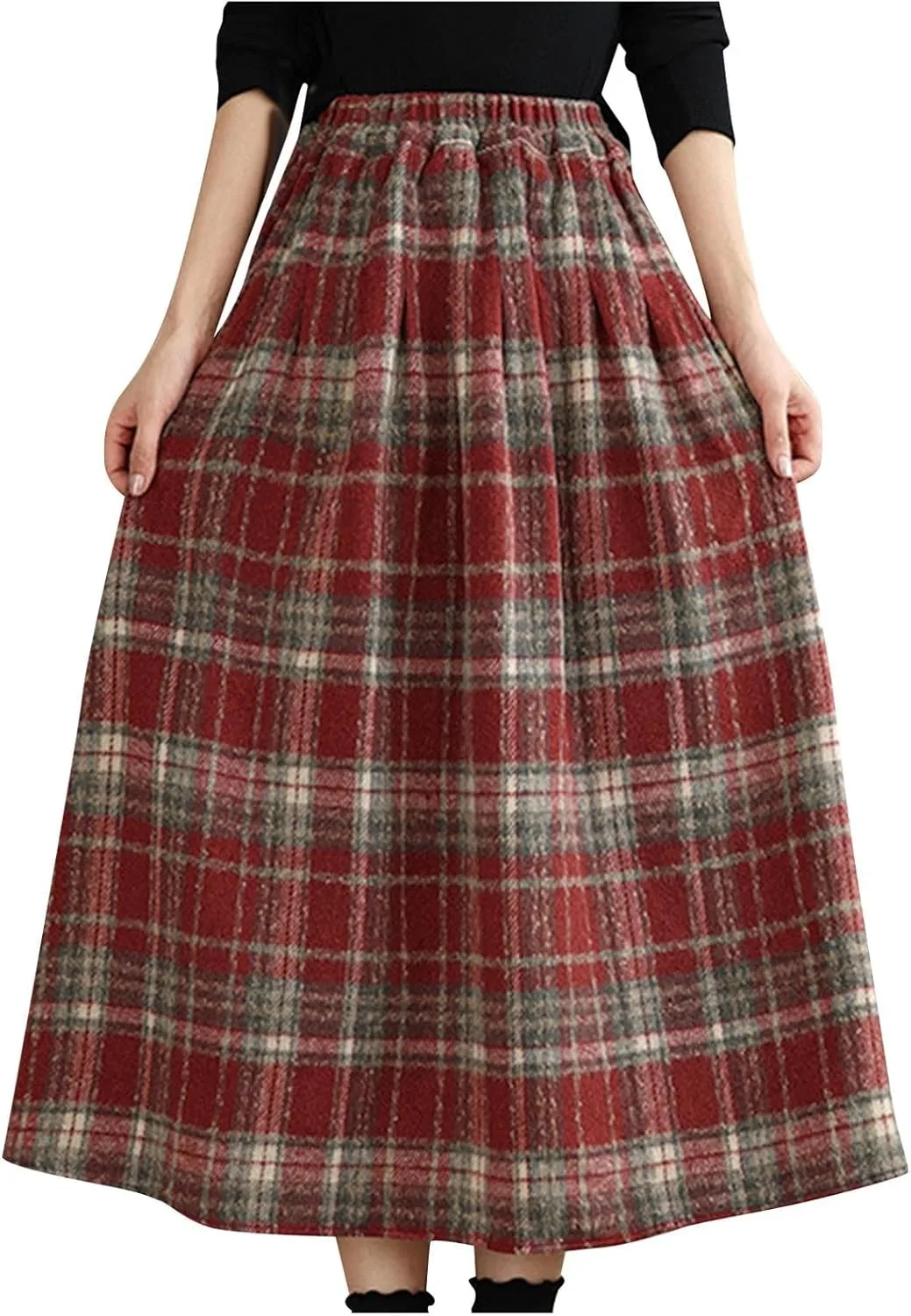 Womens Plaid Wool Skirts Winter Fall Warm High Elastic Waist A line Flared Pleated Wool Tartan Skirts