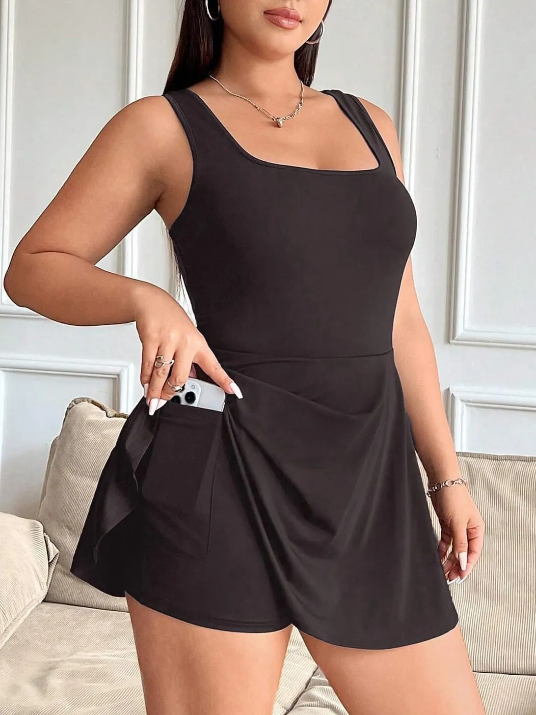 Women's Play Dress, Short Sleeve Mini Skirt with Pockets, Black, Size XL