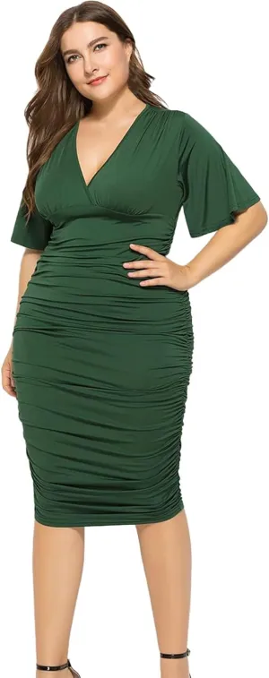 Womens Plus Size Ruched Wrap Dress Pleated Bodycon Midi Casual Party Work Dress