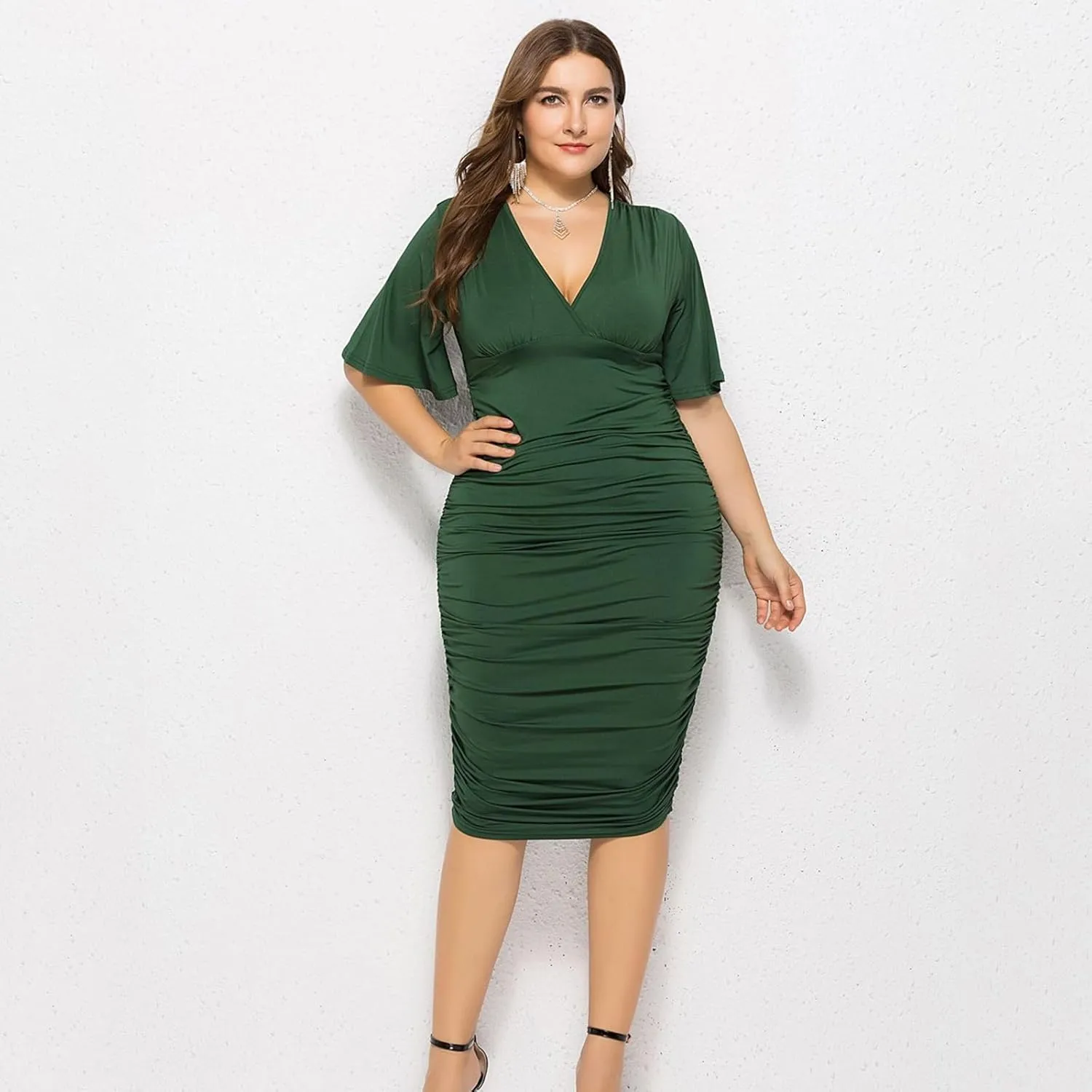 Womens Plus Size Ruched Wrap Dress Pleated Bodycon Midi Casual Party Work Dress