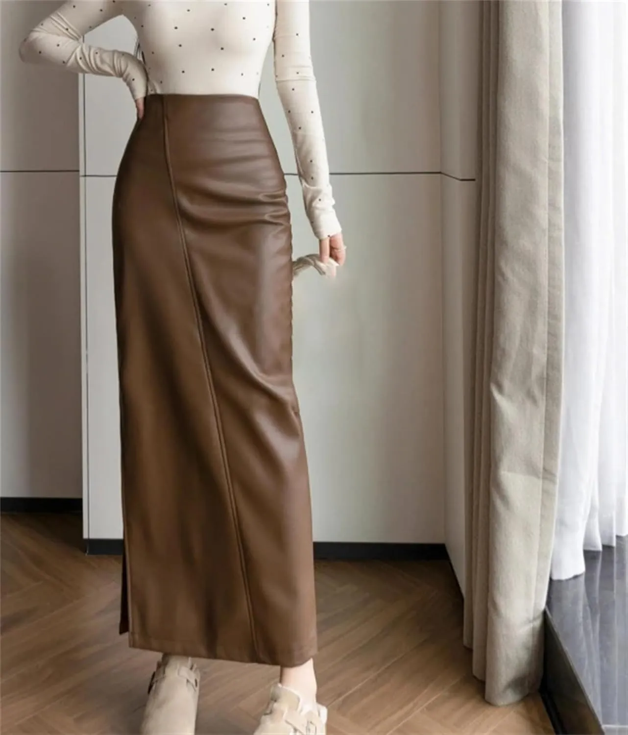 Women's PU Leather Midi Skirts High Waist Long Side Split Patchwork Wrapped Pencil Long Skirts