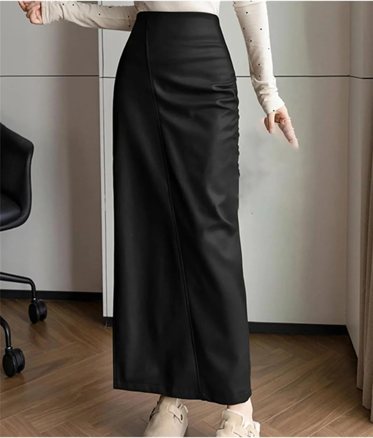 Women's PU Leather Midi Skirts High Waist Long Side Split Patchwork Wrapped Pencil Long Skirts