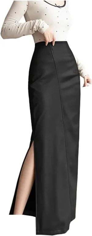 Women's PU Leather Midi Skirts High Waist Long Side Split Patchwork Wrapped Pencil Long Skirts