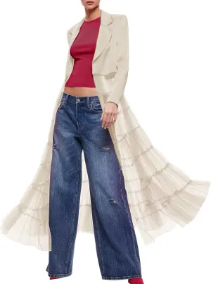 Women's satin tulle patchwork long sleeve small suit slim cardigan jacket tulle dress