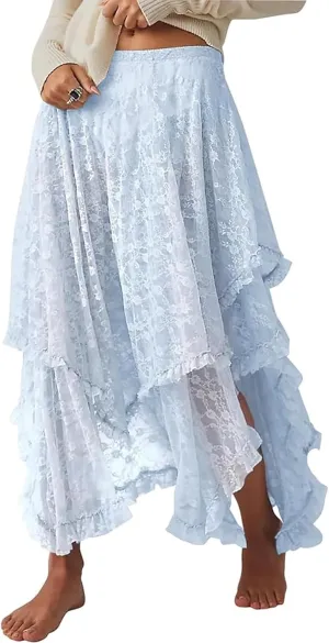 Womens Sheer Lace Maxi Skirts Summer Asymmetrical Layered Hem Floral See Through Beach Long Skirt