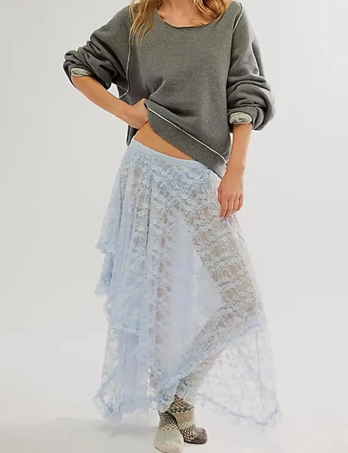Womens Sheer Lace Maxi Skirts Summer Asymmetrical Layered Hem Floral See Through Beach Long Skirt