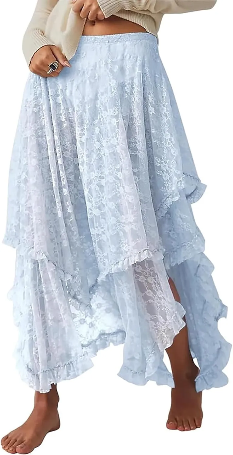 Womens Sheer Lace Maxi Skirts Summer Asymmetrical Layered Hem Floral See Through Beach Long Skirt