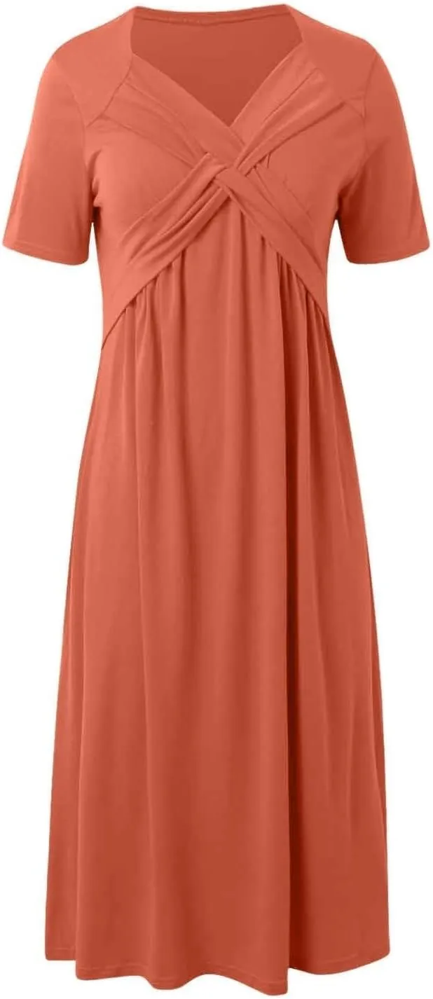 Womens Short Sleeve Dress Casual Plus Size V-Neck Maxi Dresses A Line Flowy Beach Sundress with Pockets