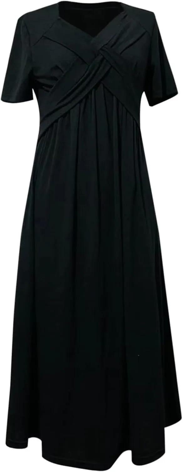 Womens Short Sleeve Dress Casual Plus Size V-Neck Maxi Dresses A Line Flowy Beach Sundress with Pockets