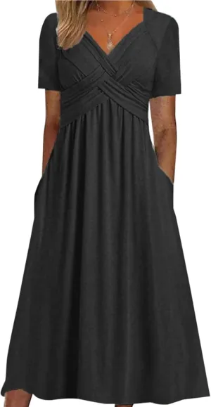 Womens Short Sleeve Dress Casual Plus Size V-Neck Maxi Dresses A Line Flowy Beach Sundress with Pockets