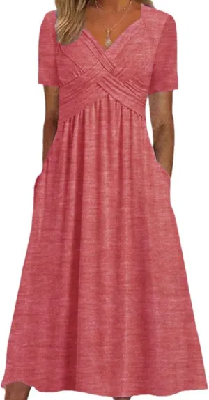 Womens Short Sleeve Dress Casual Plus Size V-Neck Maxi Dresses A Line Flowy Beach Sundress with Pockets