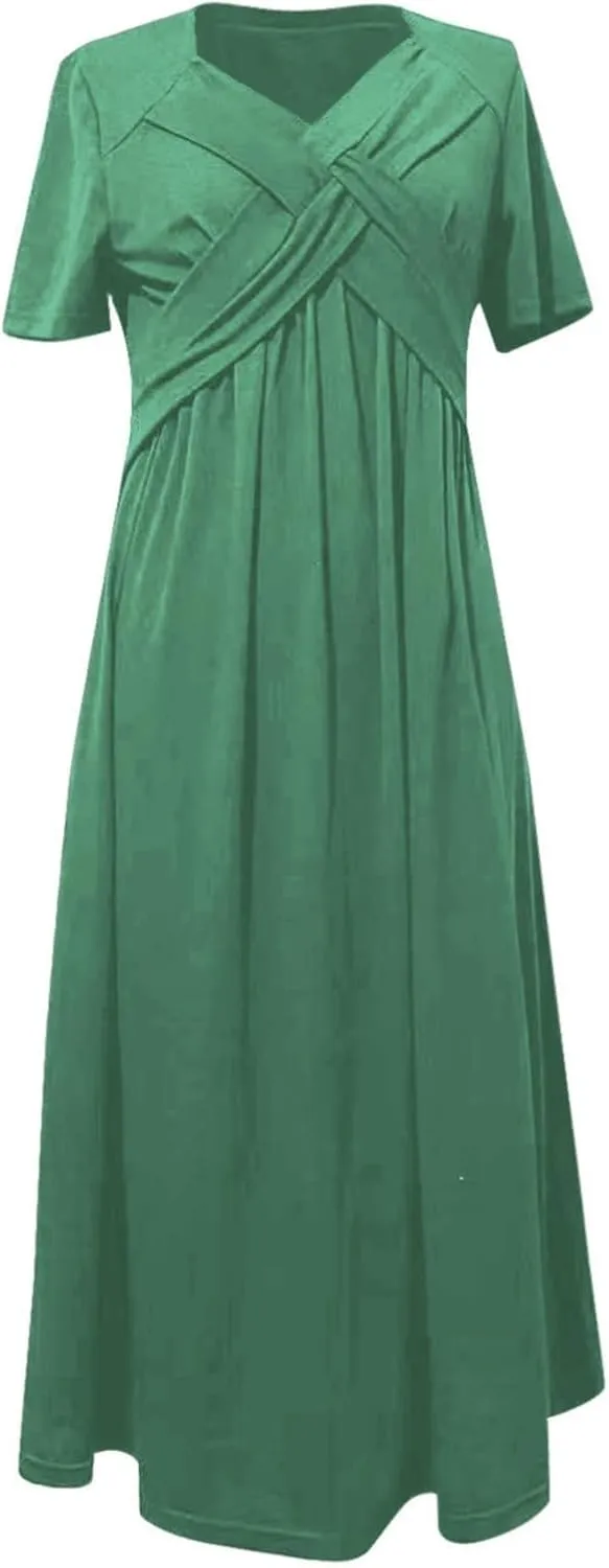 Womens Short Sleeve Dress Casual Plus Size V-Neck Maxi Dresses A Line Flowy Beach Sundress with Pockets