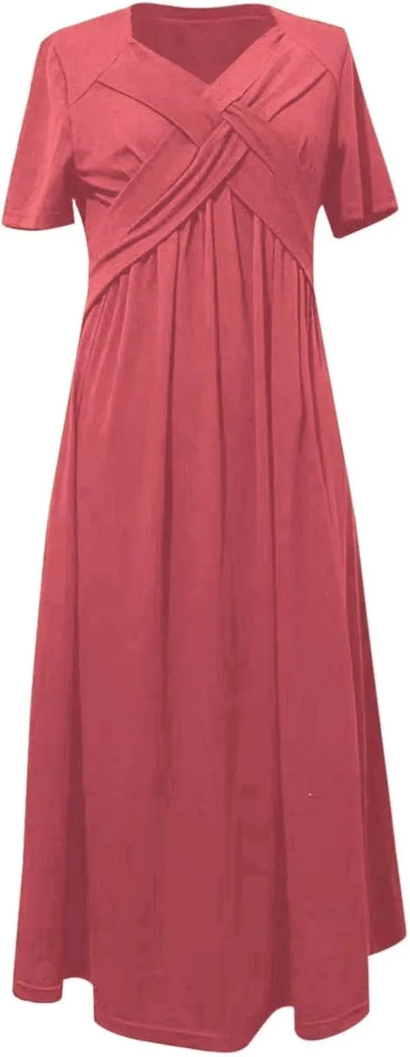 Womens Short Sleeve Dress Casual Plus Size V-Neck Maxi Dresses A Line Flowy Beach Sundress with Pockets