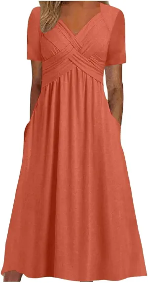 Womens Short Sleeve Dress Casual Plus Size V-Neck Maxi Dresses A Line Flowy Beach Sundress with Pockets