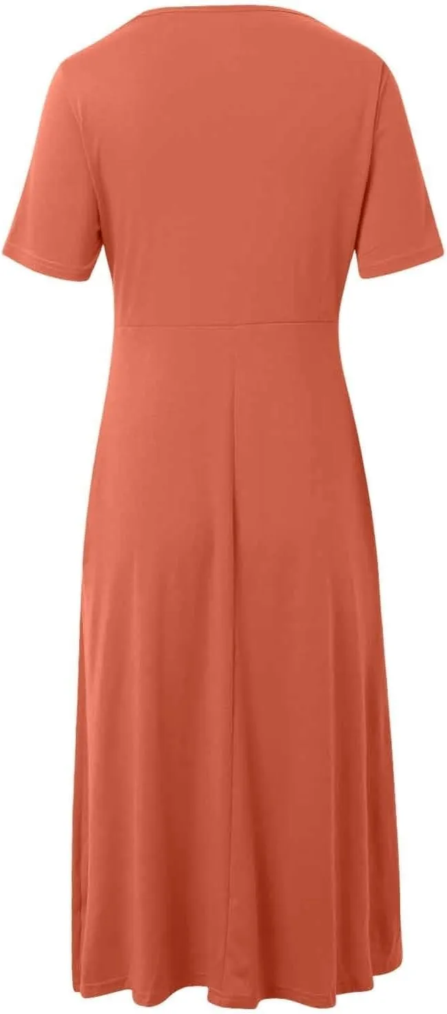 Womens Short Sleeve Dress Casual Plus Size V-Neck Maxi Dresses A Line Flowy Beach Sundress with Pockets