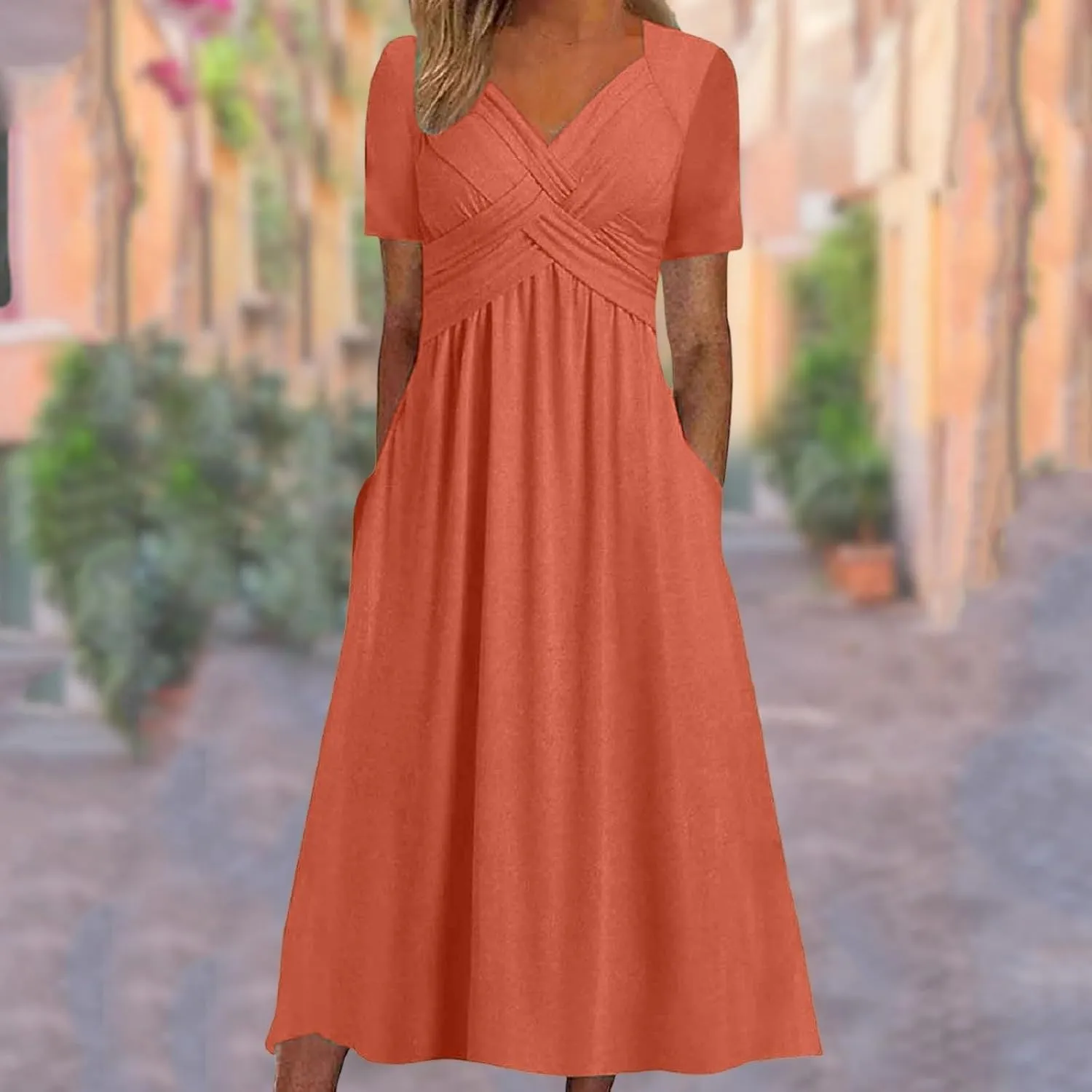 Womens Short Sleeve Dress Casual Plus Size V-Neck Maxi Dresses A Line Flowy Beach Sundress with Pockets