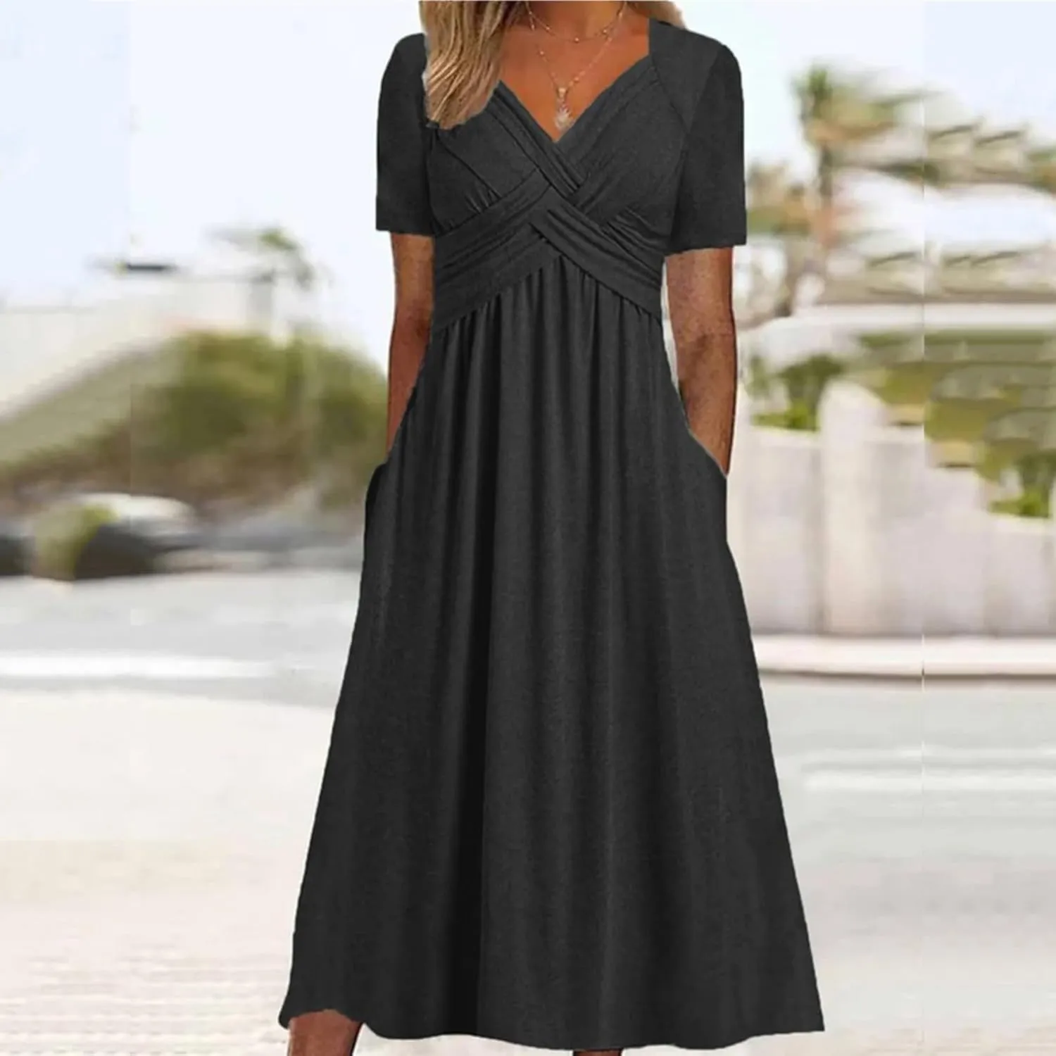 Womens Short Sleeve Dress Casual Plus Size V-Neck Maxi Dresses A Line Flowy Beach Sundress with Pockets