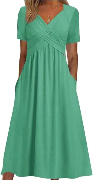 Womens Short Sleeve Dress Casual Plus Size V-Neck Maxi Dresses A Line Flowy Beach Sundress with Pockets