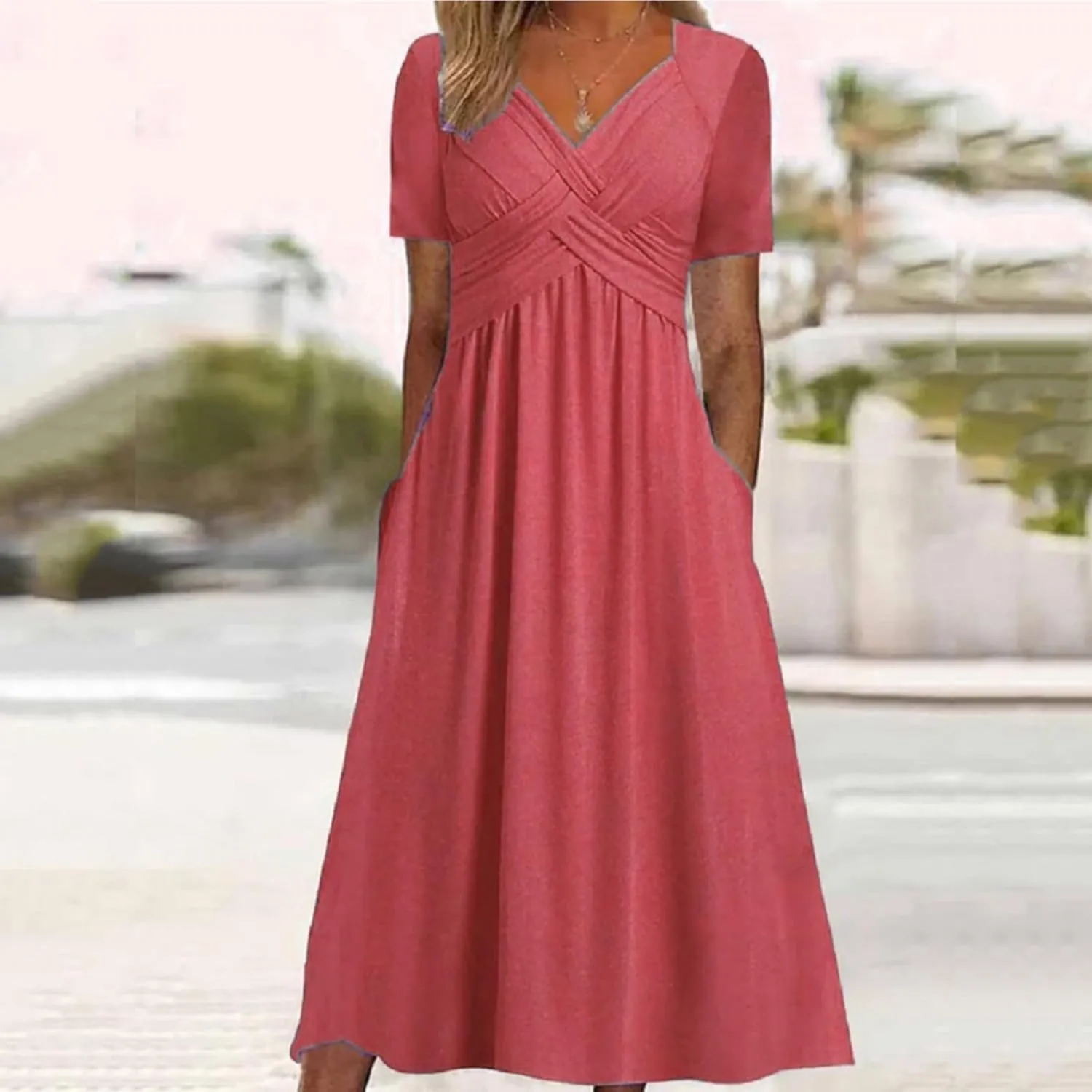 Womens Short Sleeve Dress Casual Plus Size V-Neck Maxi Dresses A Line Flowy Beach Sundress with Pockets
