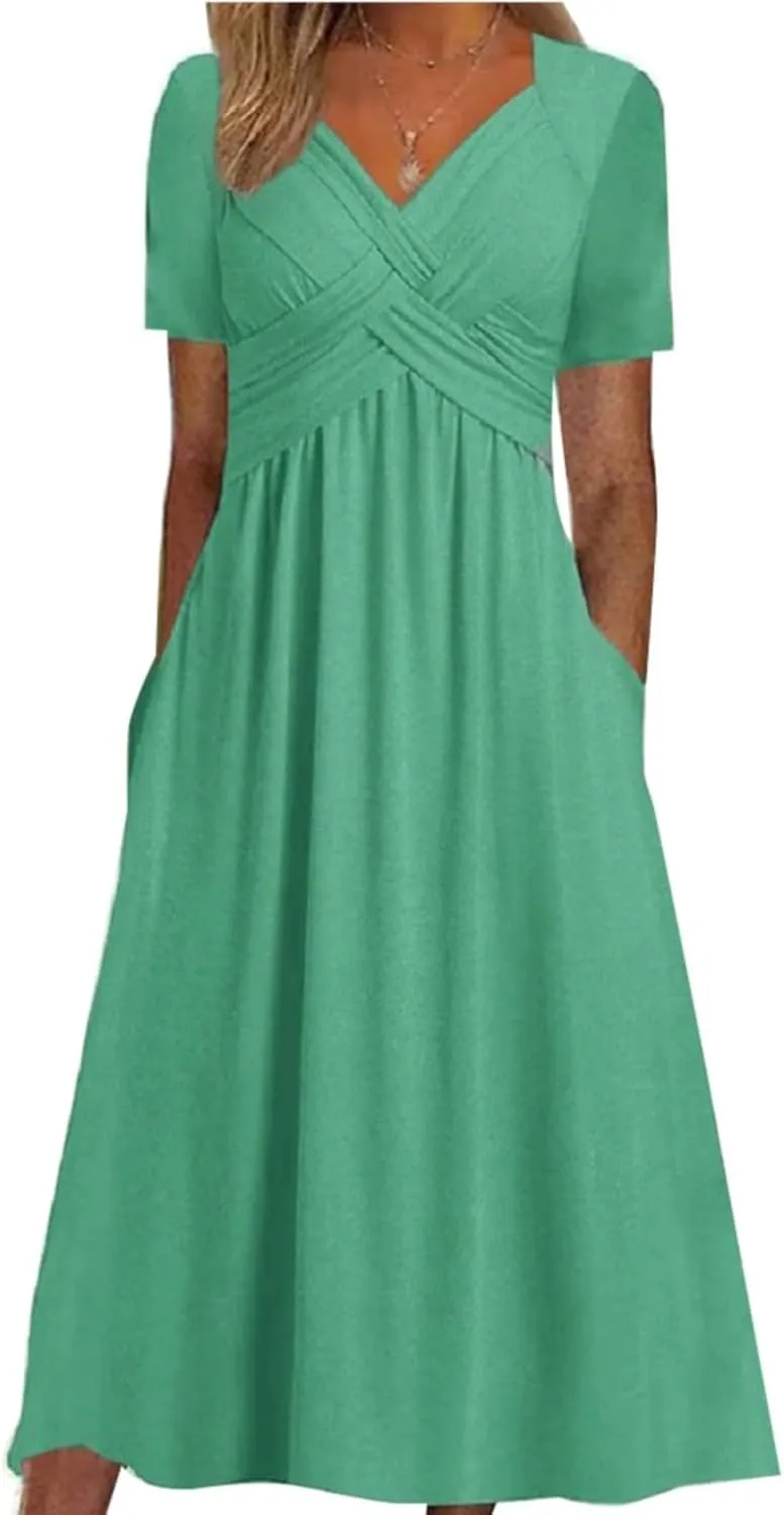 Womens Short Sleeve Dress Casual Plus Size V-Neck Maxi Dresses A Line Flowy Beach Sundress with Pockets