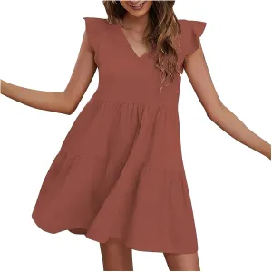 Women's Solid Casual Mini Dresses Short Ruffle Sleeve V Neck Pleated Dresses A-Lined Ruched Trendy Flowy Dress