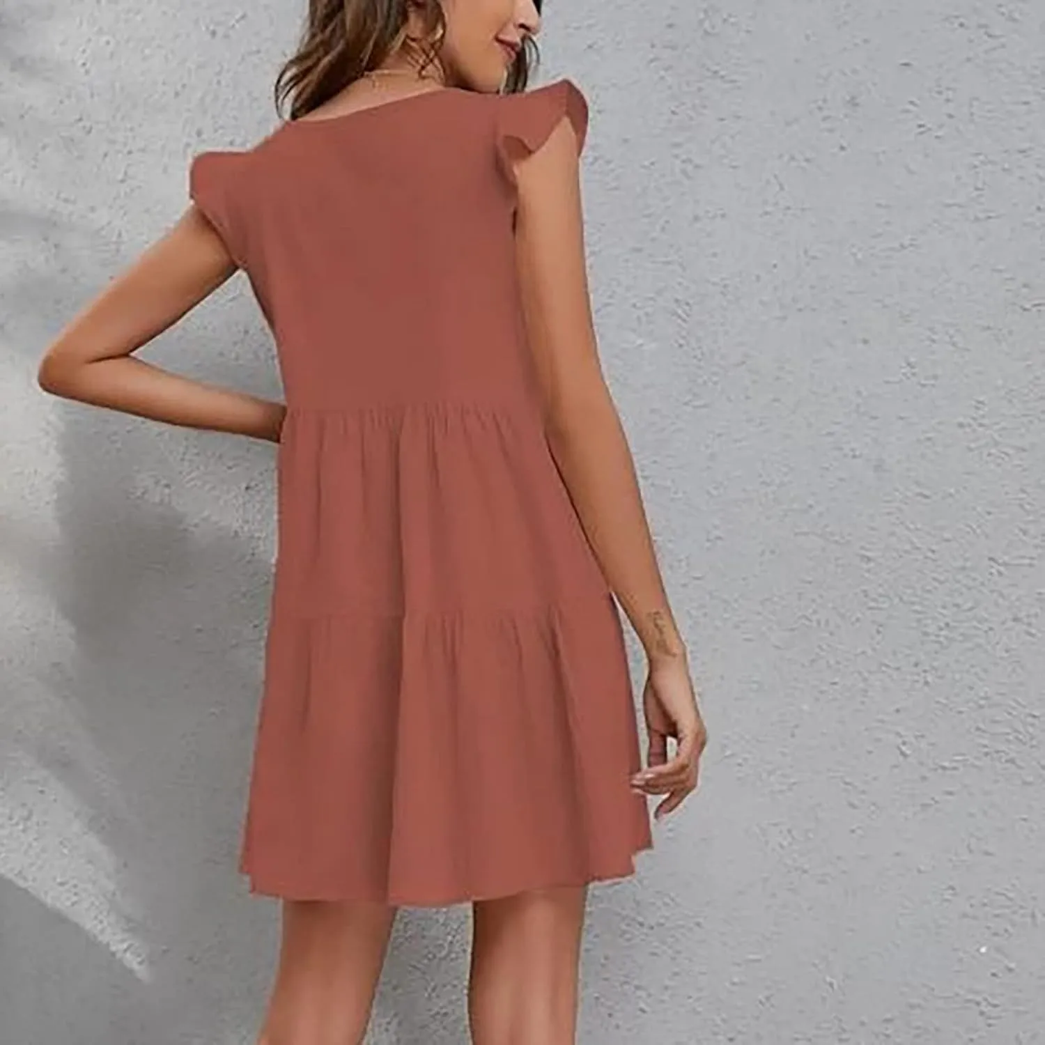 Women's Solid Casual Mini Dresses Short Ruffle Sleeve V Neck Pleated Dresses A-Lined Ruched Trendy Flowy Dress