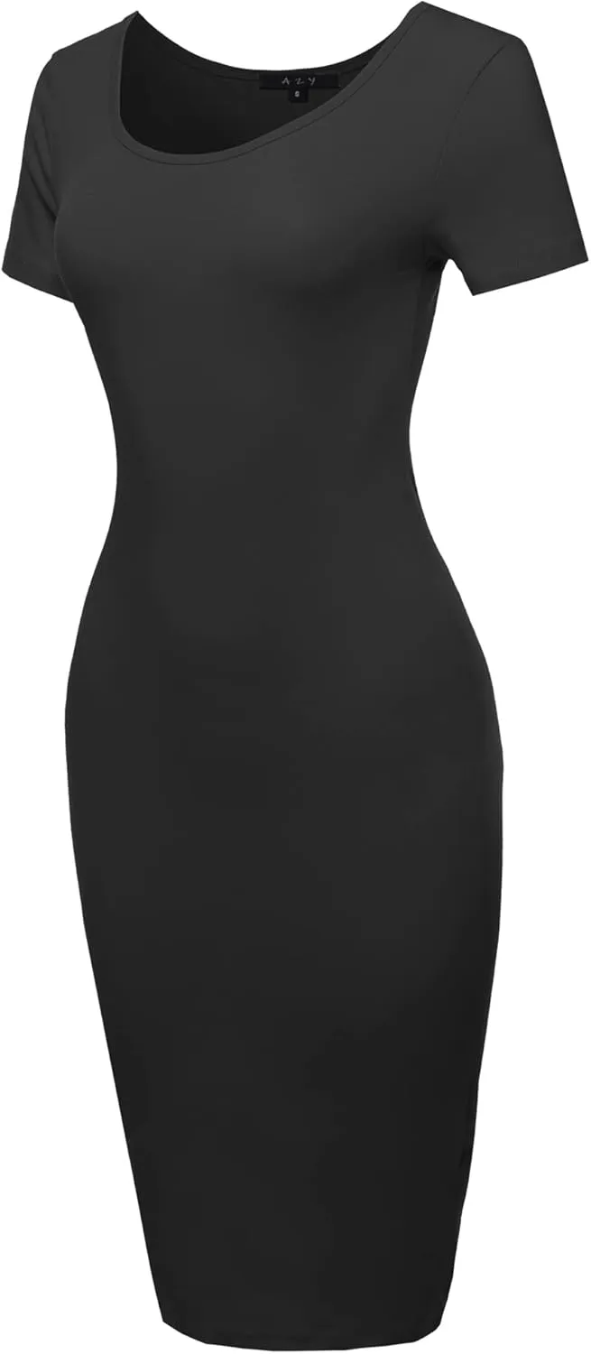 Women's Solid Fitted Classic Short Sleeve Premium Cotton Midi Dress