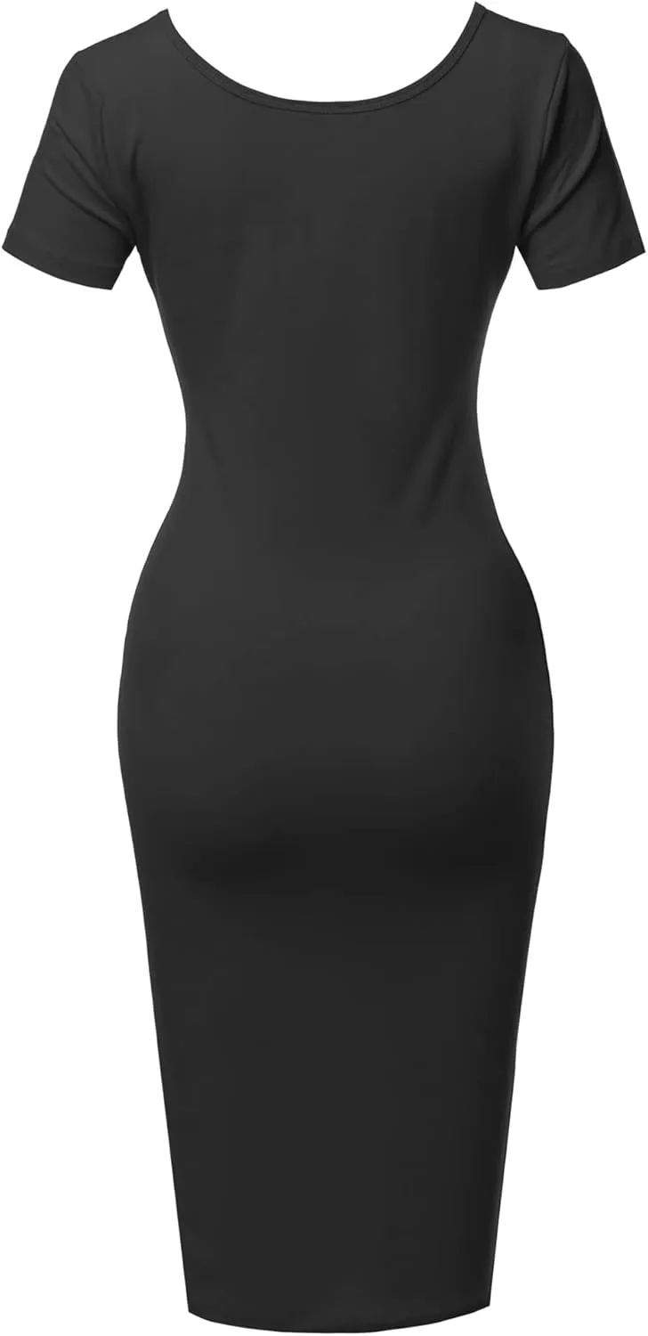 Women's Solid Fitted Classic Short Sleeve Premium Cotton Midi Dress