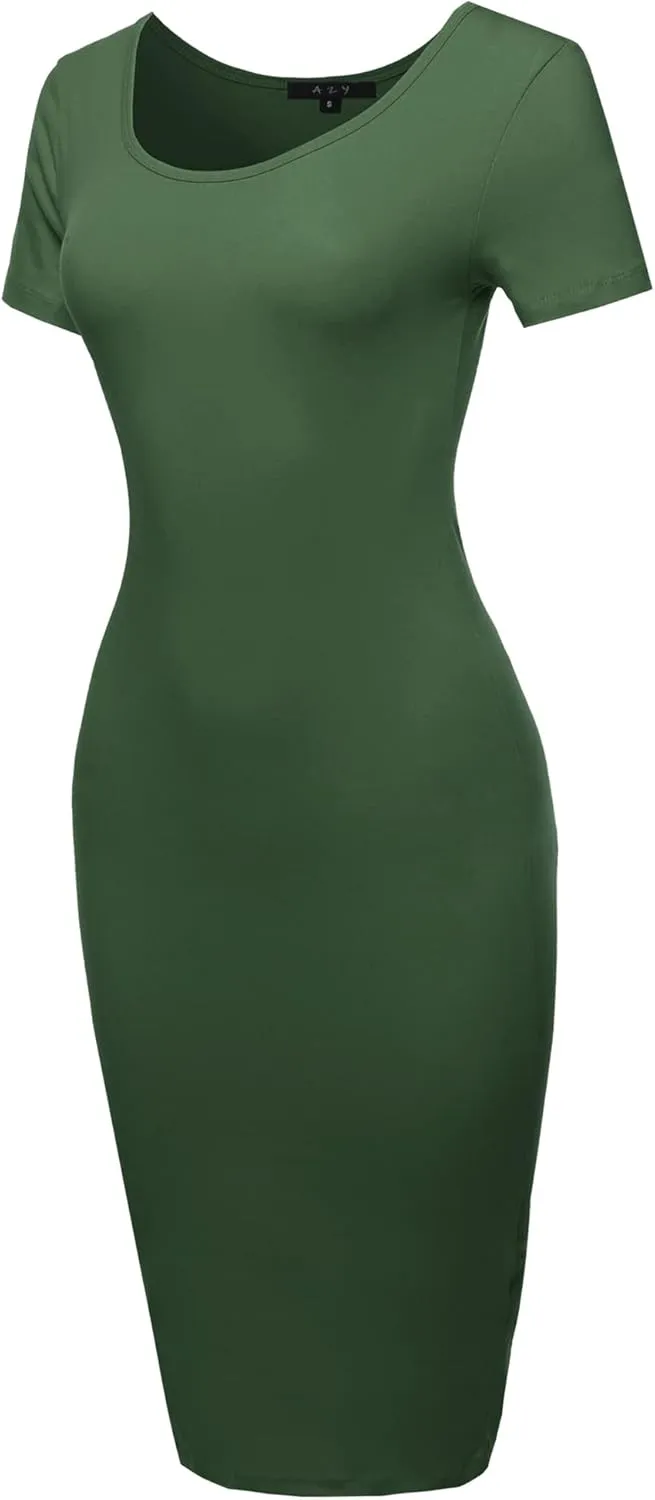 Women's Solid Fitted Classic Short Sleeve Premium Cotton Midi Dress