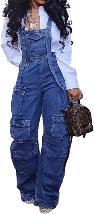 Women's Spring and Summer Loose Straight Leg Denim Camisole Pants, Street Trend Multi Pocket Jumpsuit