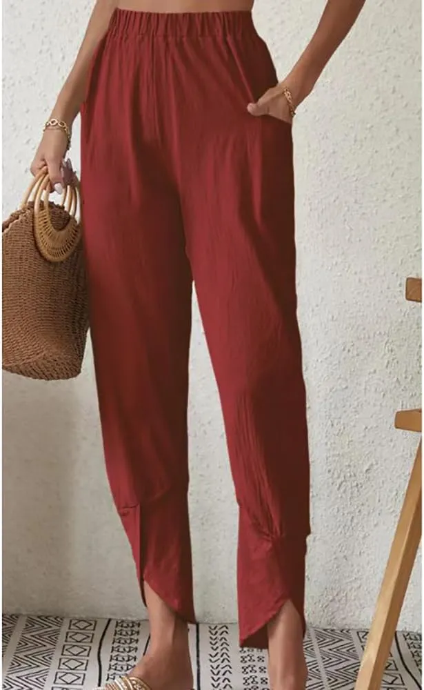 Women's Straight Leg Cotton Linen Capri Pants Loose Fit Elastic Waist Irregular Slit Hem Cropped Pants with Pockets
