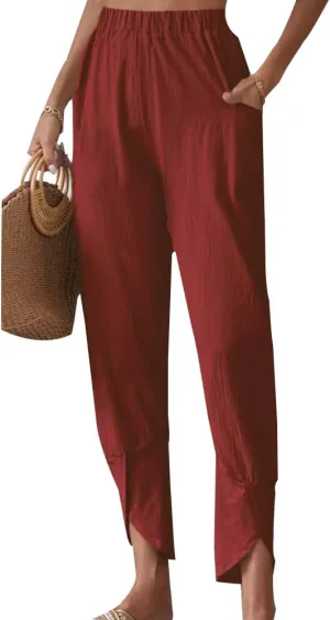 Women's Straight Leg Cotton Linen Capri Pants Loose Fit Elastic Waist Irregular Slit Hem Cropped Pants with Pockets