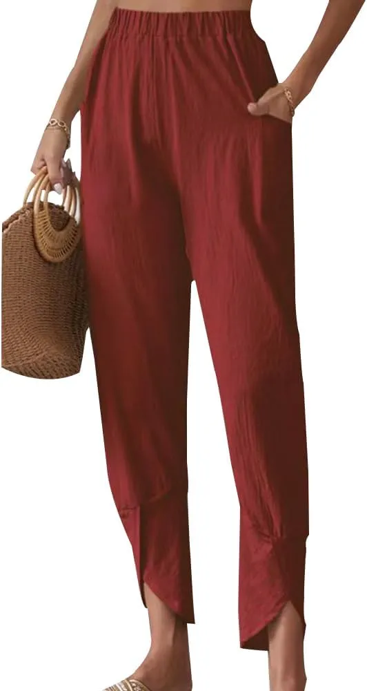 Women's Straight Leg Cotton Linen Capri Pants Loose Fit Elastic Waist Irregular Slit Hem Cropped Pants with Pockets