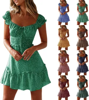 Women's Summer Dress Plus Size Ruffle Floral Bodycon Dress Casual Short Sleeve Sundresses Sexy Party Mini Dress