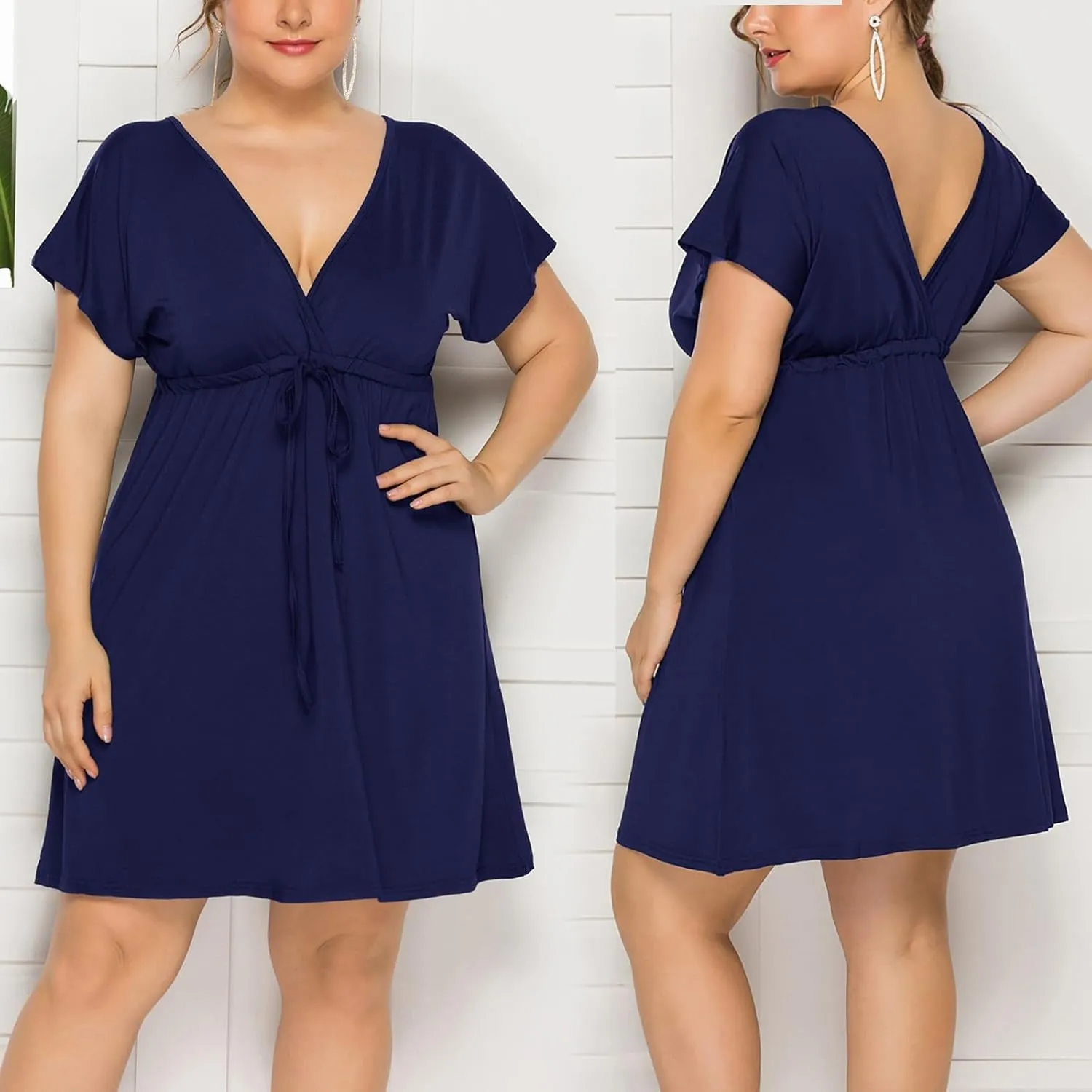 Womens Summer Dresses Short Sleeve Kimono Style Deep V Neck Casual Summer Dress M 4XL Plus Size