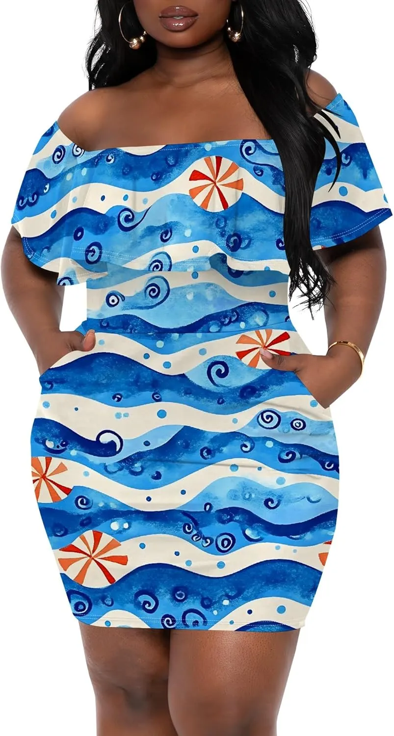 Women's Summer Slim Fit Off Shoulder Mini Dress Ruffle Short Sleeve Print Cocktail Party Fashion Bodycon Dress with Pockets