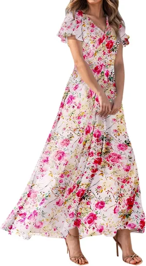 Women's Summer Wrap V Neck Long Maxi Dress Casual Boho Floral V Neck Short Sleeve Split Ladies Bohemian Dresses
