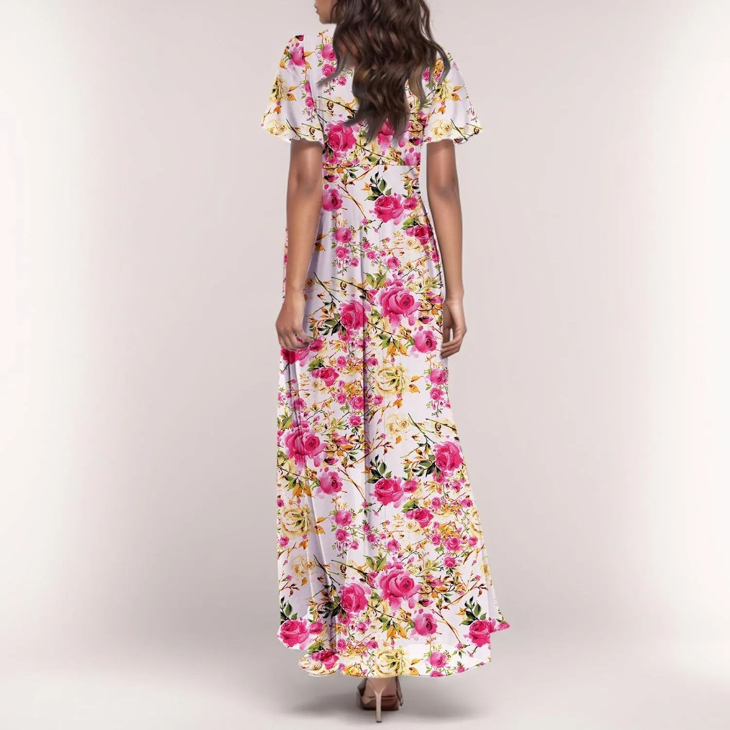 Women's Summer Wrap V Neck Long Maxi Dress Casual Boho Floral V Neck Short Sleeve Split Ladies Bohemian Dresses