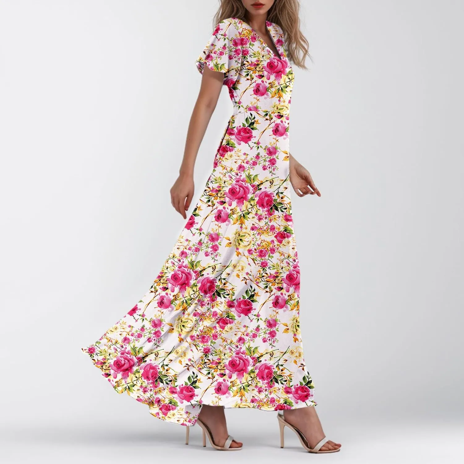 Women's Summer Wrap V Neck Long Maxi Dress Casual Boho Floral V Neck Short Sleeve Split Ladies Bohemian Dresses