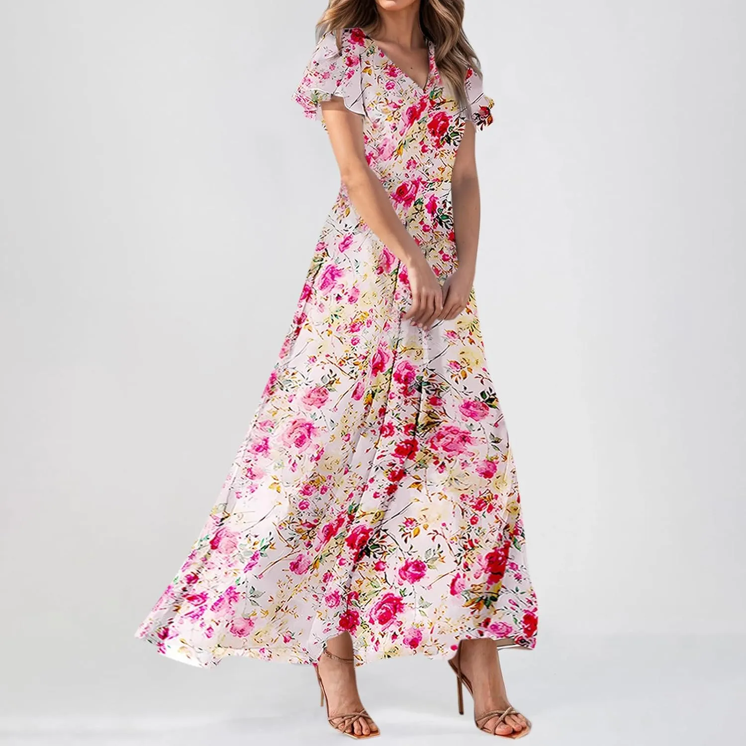 Women's Summer Wrap V Neck Long Maxi Dress Casual Boho Floral V Neck Short Sleeve Split Ladies Bohemian Dresses