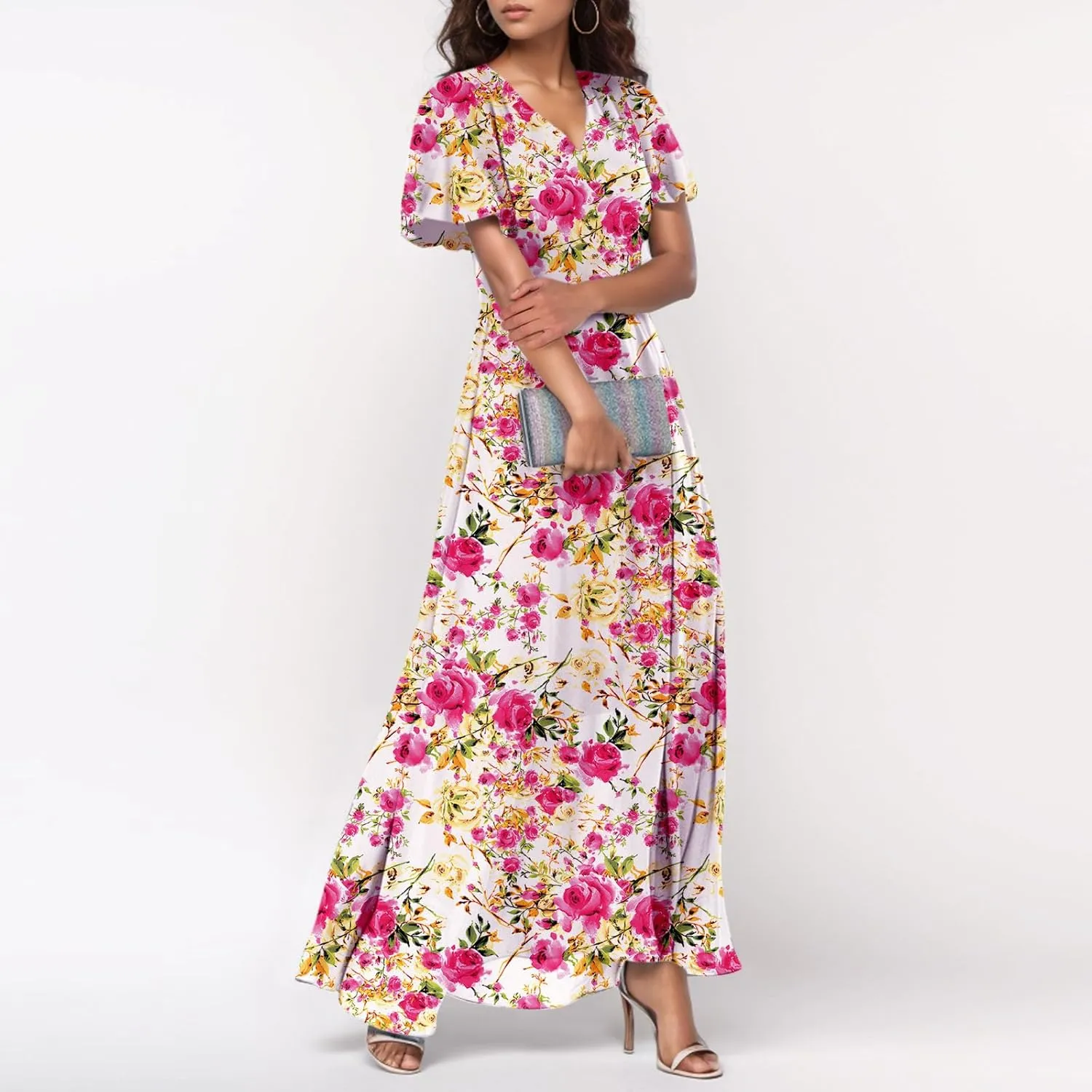 Women's Summer Wrap V Neck Long Maxi Dress Casual Boho Floral V Neck Short Sleeve Split Ladies Bohemian Dresses