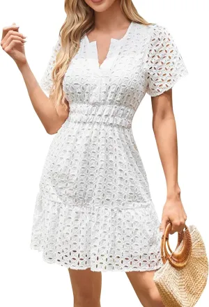 Women's Tie Shoulder Scallop Trim Mini Dress Eyelet V Neck A Line Casual Elegant Holiday Wedding Guest Party Dresses