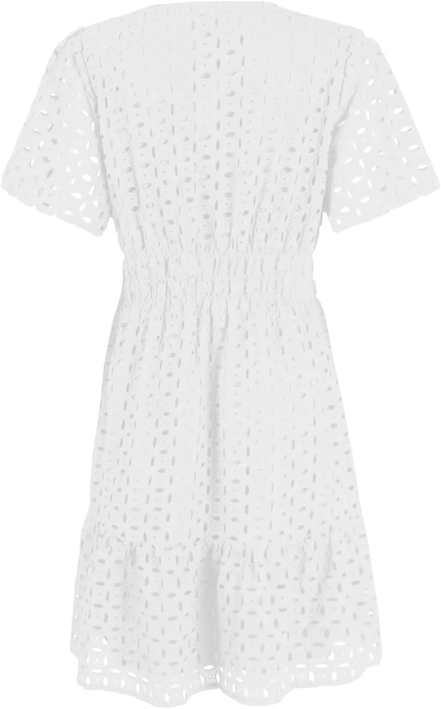 Women's Tie Shoulder Scallop Trim Mini Dress Eyelet V Neck A Line Casual Elegant Holiday Wedding Guest Party Dresses