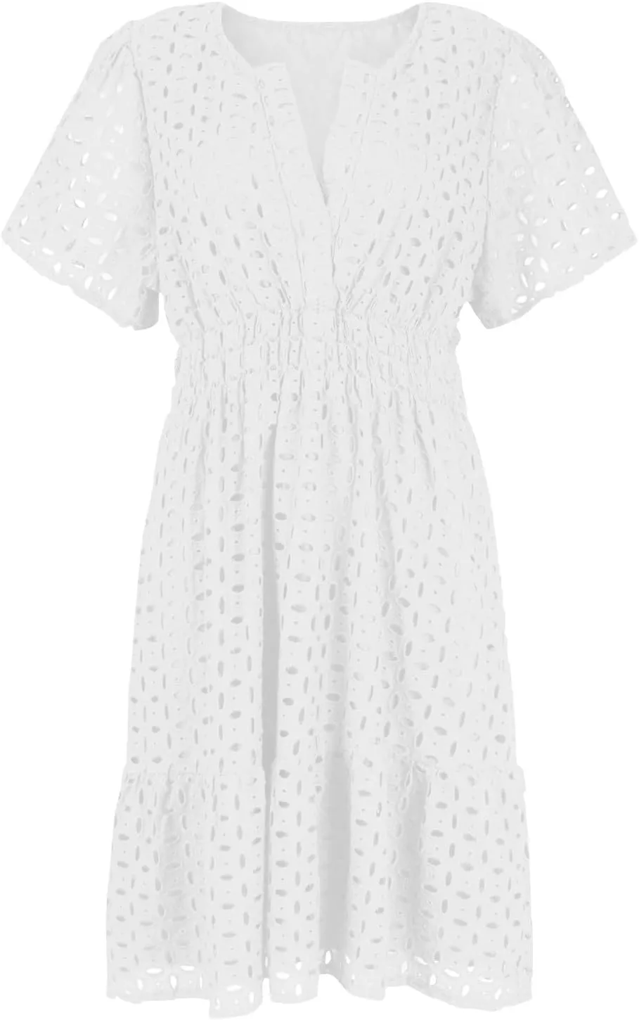 Women's Tie Shoulder Scallop Trim Mini Dress Eyelet V Neck A Line Casual Elegant Holiday Wedding Guest Party Dresses