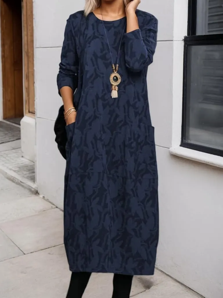 Womens Vintage Floral Print Long Sleeve Maxi Dress Spring Fall Crewneck Lightweight Tunic Dress with Pockets