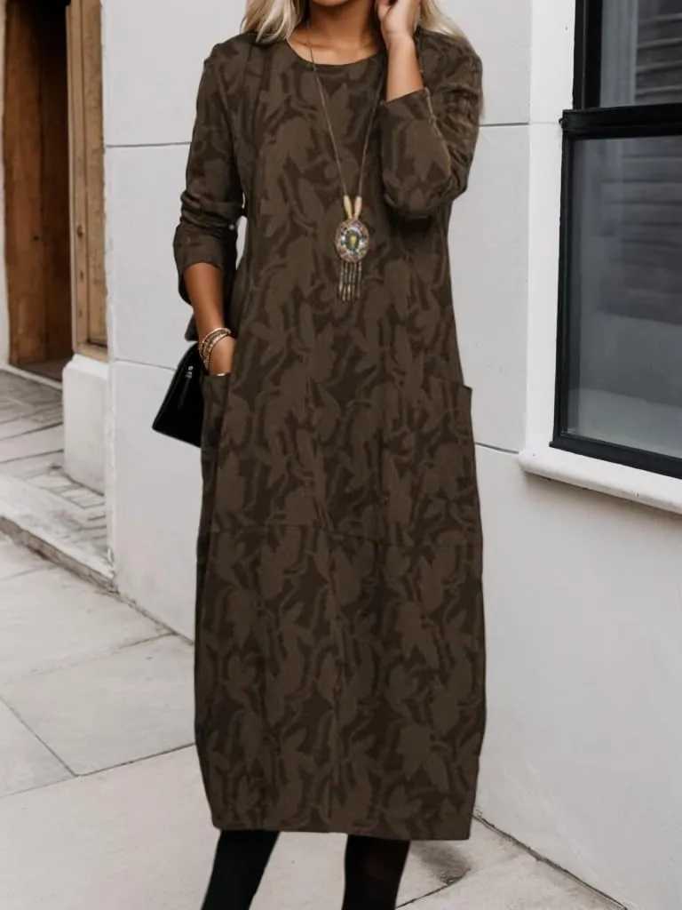 Womens Vintage Floral Print Long Sleeve Maxi Dress Spring Fall Crewneck Lightweight Tunic Dress with Pockets