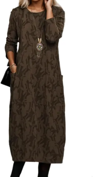 Womens Vintage Floral Print Long Sleeve Maxi Dress Spring Fall Crewneck Lightweight Tunic Dress with Pockets