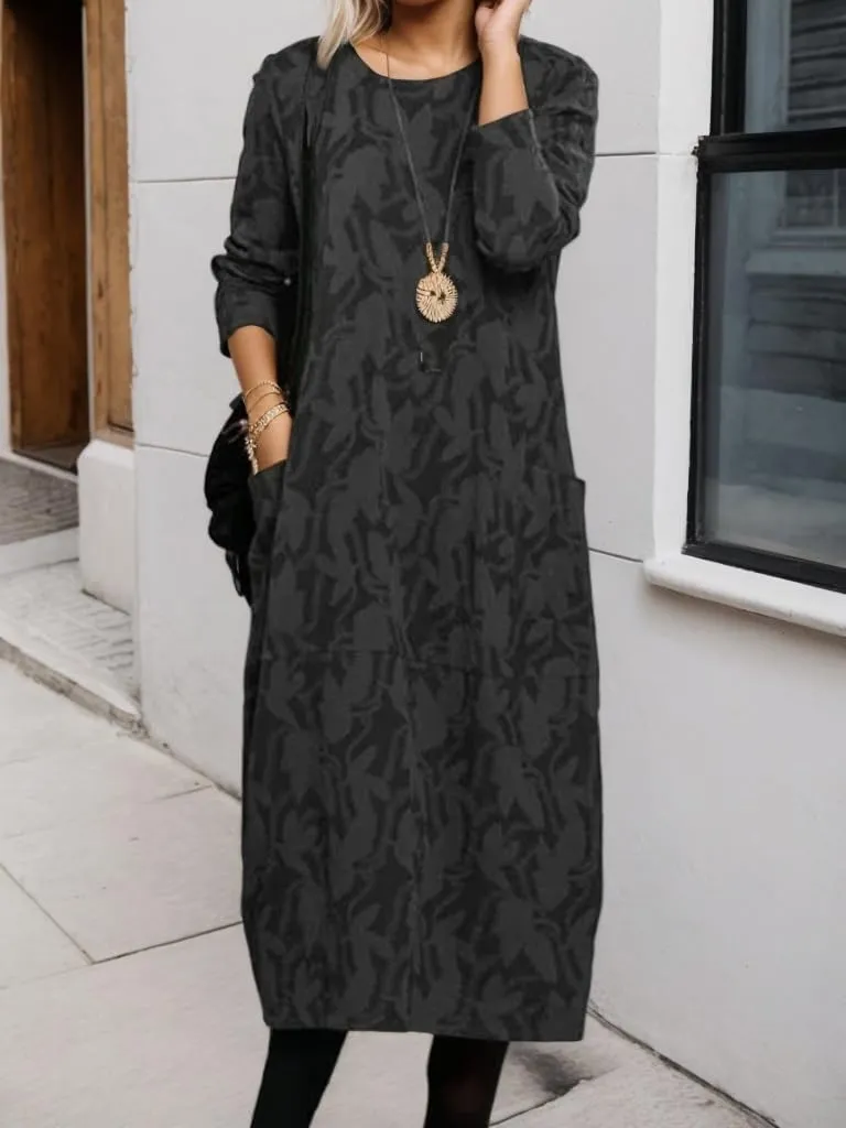 Womens Vintage Floral Print Long Sleeve Maxi Dress Spring Fall Crewneck Lightweight Tunic Dress with Pockets