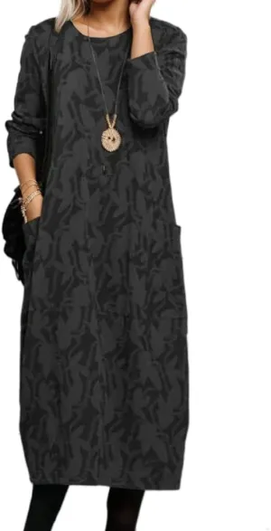 Womens Vintage Floral Print Long Sleeve Maxi Dress Spring Fall Crewneck Lightweight Tunic Dress with Pockets