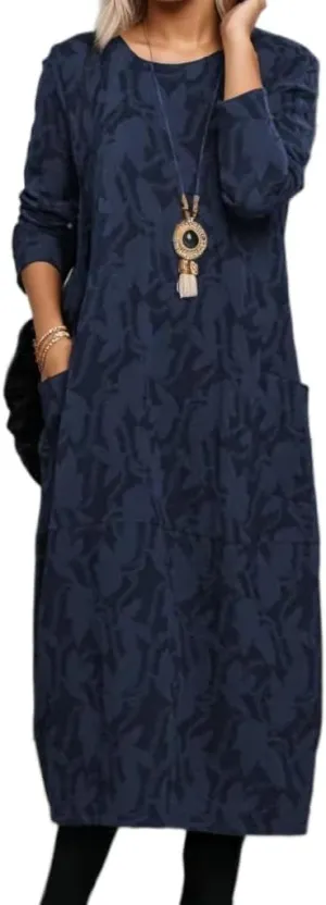 Womens Vintage Floral Print Long Sleeve Maxi Dress Spring Fall Crewneck Lightweight Tunic Dress with Pockets